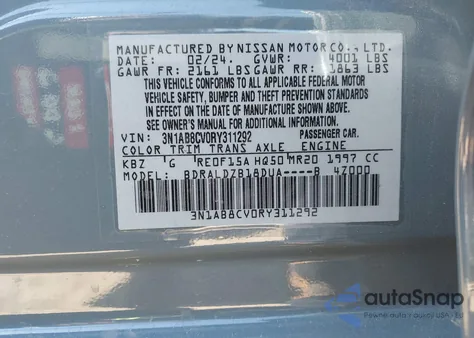 2024 Nissan Sentra Sv Xtronic Cvt from USA, damaged, VIN 3N1AB8CV0RY311292